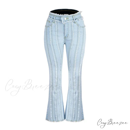 2024 Stretch Women’s Vintage Fashion High Waist Flare Women Slim Spliced Bell Bottom Streetwear Wash Denim Jean Light