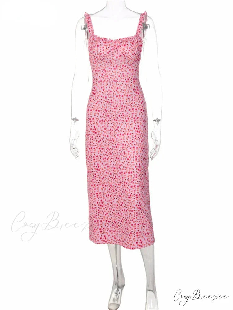 2024 Summer Beach Women’s Casual Pink Strap Print Floral Women’s Ruched Party Sexy Club Midi Dress
