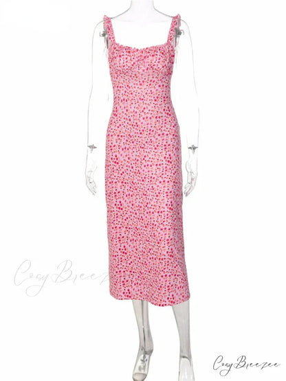 2024 Summer Beach Women’s Casual Pink Strap Print Floral Women’s Ruched Party Sexy Club Midi Dress