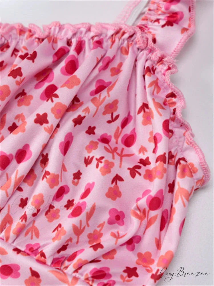 2024 Summer Beach Women’s Casual Pink Strap Print Floral Women’s Ruched Party Sexy Club Midi Dress