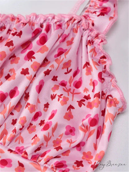 2024 Summer Beach Women’s Casual Pink Strap Print Floral Women’s Ruched Party Sexy Club Midi Dress