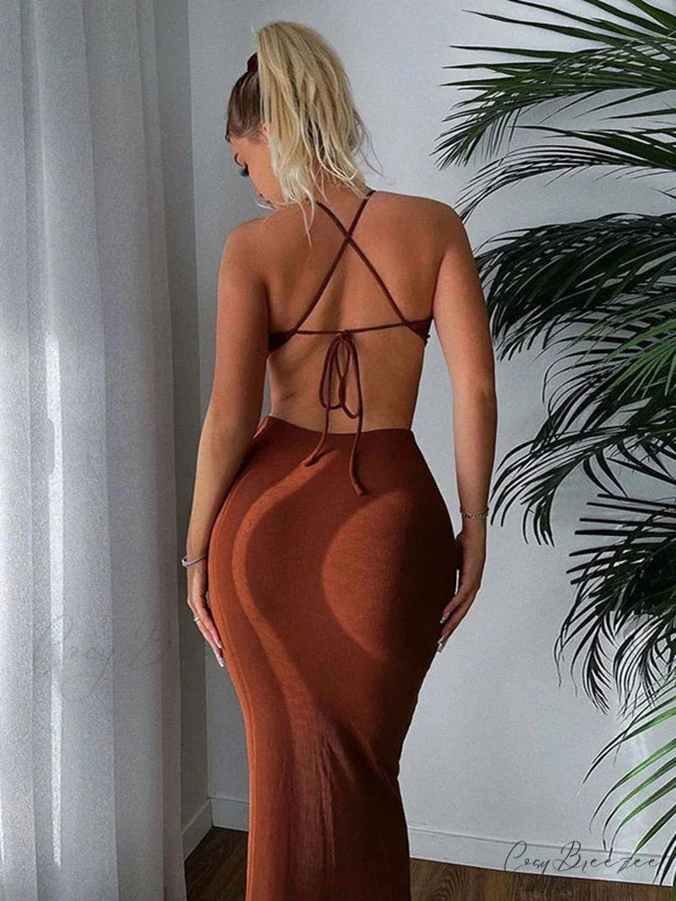 2024 Summer Halter for Women’s Sleeveless Backless Club Party Cutout Bandage Midi Dress Clothes Sexy