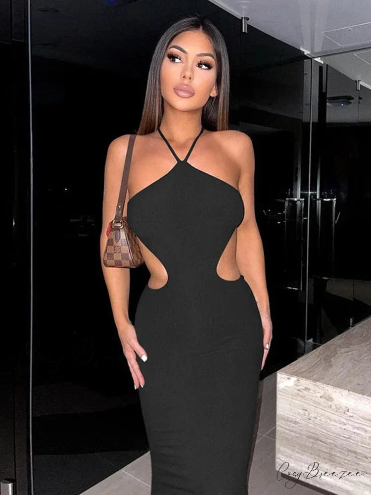 2024 Summer Halter for Women’s Sleeveless Backless Club Party Cutout Bandage Midi Dress Clothes Sexy