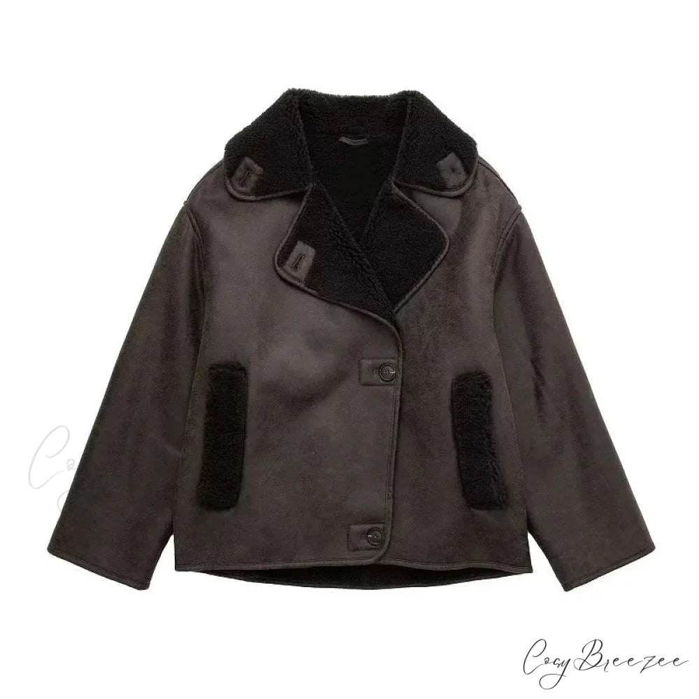 2024 Thick Faux Leather Autumn Winter Warm Wool Blends Demi-season Jacket Brown / S