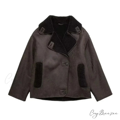 2024 Thick Faux Leather Autumn Winter Warm Wool Blends Demi-season Jacket Brown / S