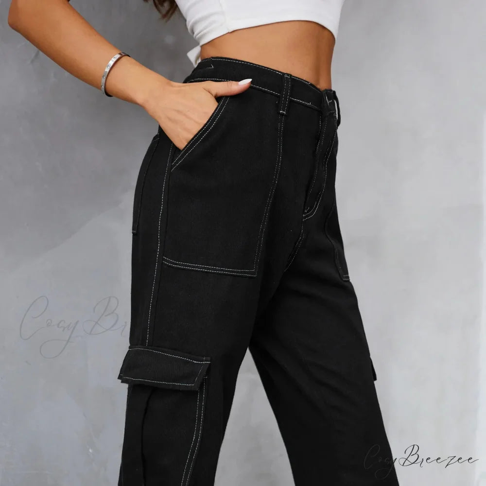 2024 Vintage Baggy Wide Leg Streetwear Straight Denim Pockets Cargo Jean