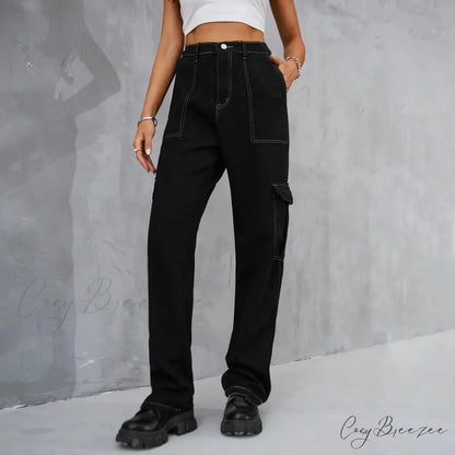2024 Vintage Baggy Wide Leg Streetwear Straight Denim Pockets Cargo Jean