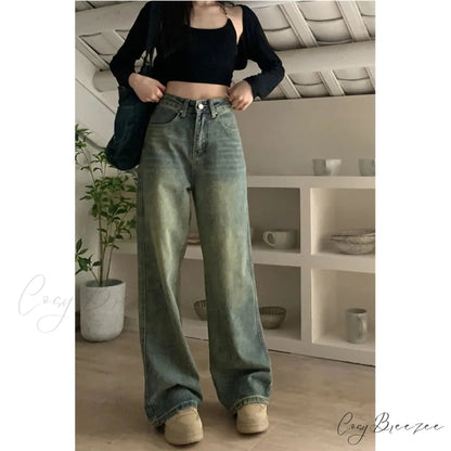 2024 Vintage Korean Denim Pants Y2K American Retro Waist Cowboy Slim Straight Leg Wide Leg Cowboy Jeans