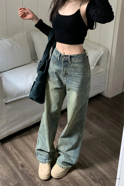 2024 Vintage Korean Denim Pants Y2K American Retro Waist Cowboy Slim Straight Leg Wide Leg Cowboy Jeans