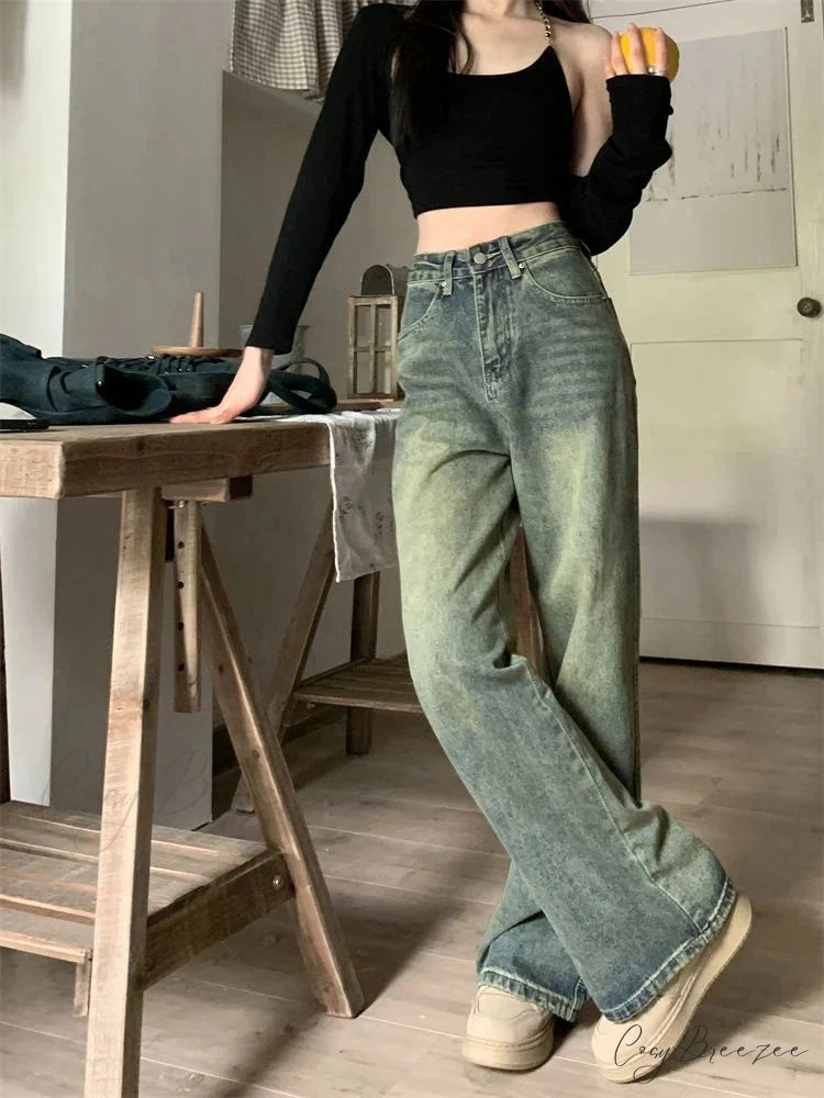2024 Vintage Korean Denim Pants Y2K American Retro Waist Cowboy Slim Straight Leg Wide Leg Cowboy Jeans