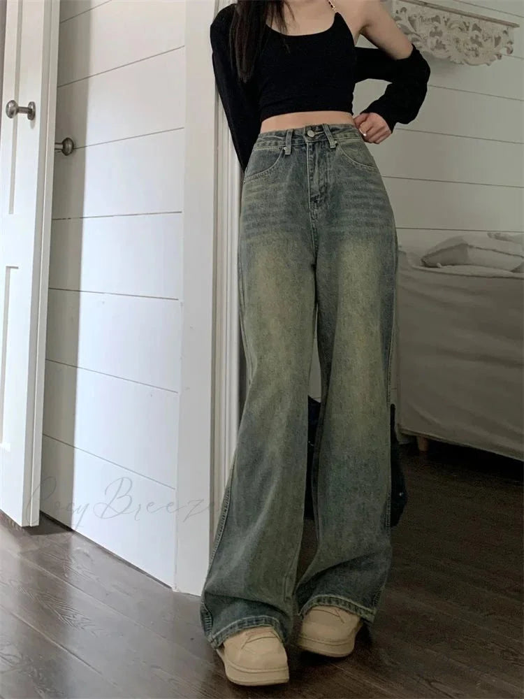 2024 Vintage Korean Denim Pants Y2K American Retro Waist Cowboy Slim Straight Leg Wide Leg Cowboy Jeans