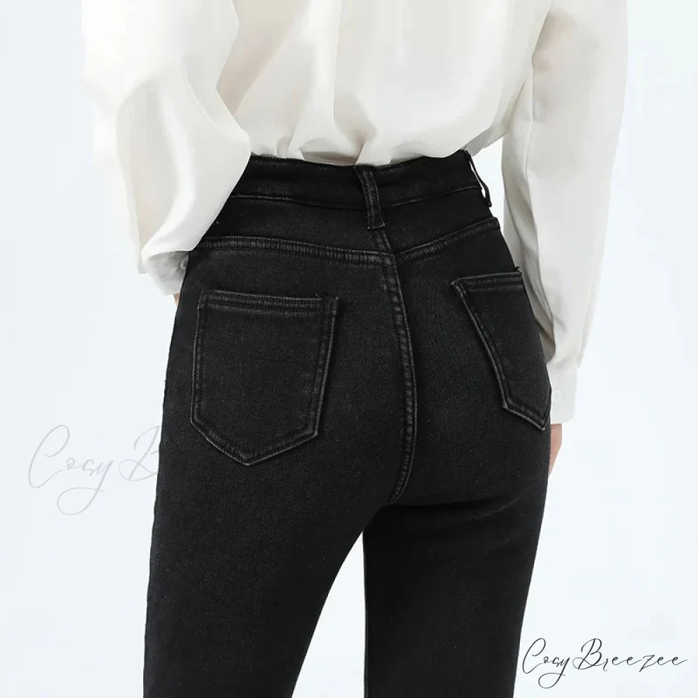 2024 Winter Thermal Warm Plush Stretch Lady Skinny Fleece Women Thicken High Waist Denim Pants Retro Trousers Female
