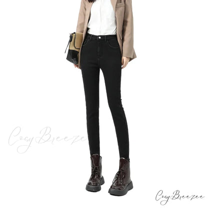 2024 Winter Thermal Warm Plush Stretch Lady Skinny Fleece Women Thicken High Waist Denim Pants Retro Trousers Female