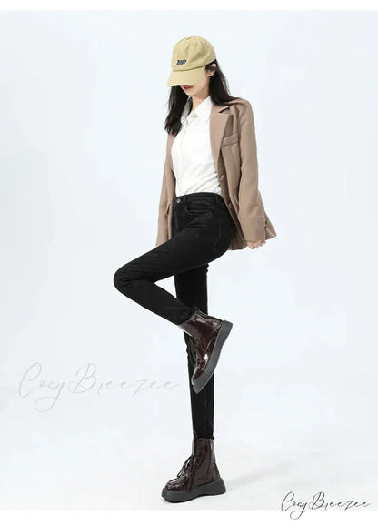 2024 Winter Thermal Warm Plush Stretch Lady Skinny Fleece Women Thicken High Waist Denim Pants Retro Trousers Female