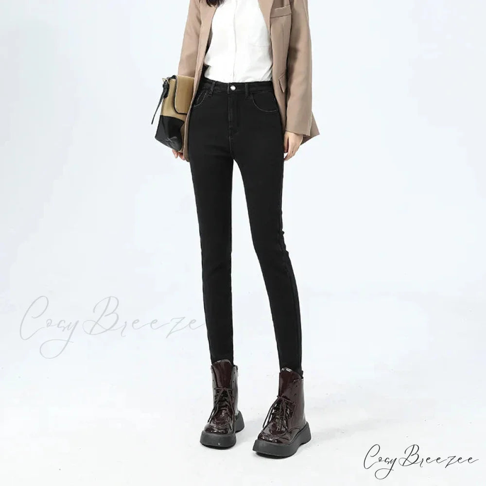 2024 Winter Thermal Warm Plush Stretch Lady Skinny Fleece Women Thicken High Waist Denim Pants Retro Trousers Female