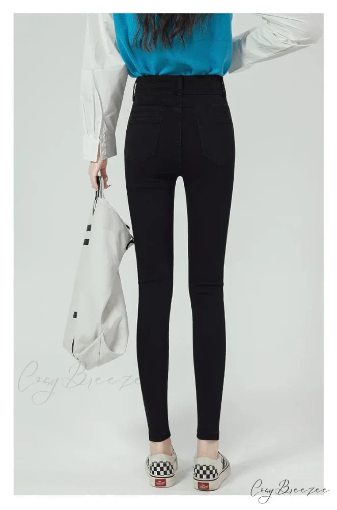 2024 Winter Warm Stretch Women High Waist Skinny Retro Thick Pencil Pants Slim Stretch Denim Trousers Jean Blue Grey