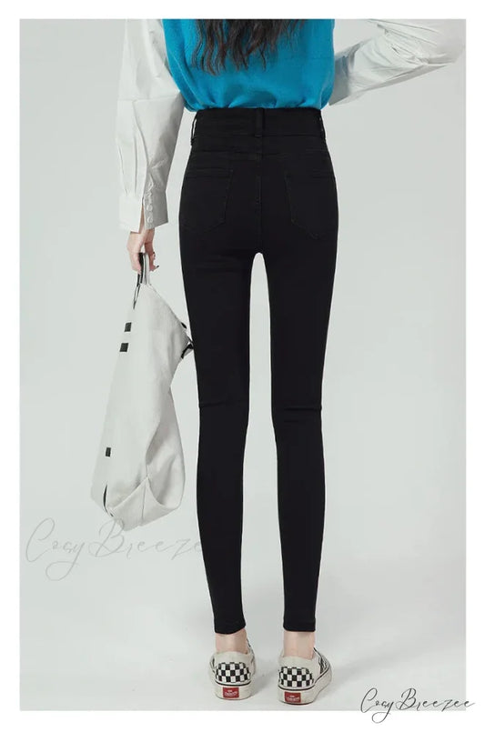 2024 Winter Warm Stretch Women High Waist Skinny Retro Thick Pencil Pants Slim Stretch Denim Trousers Jean Blue Grey