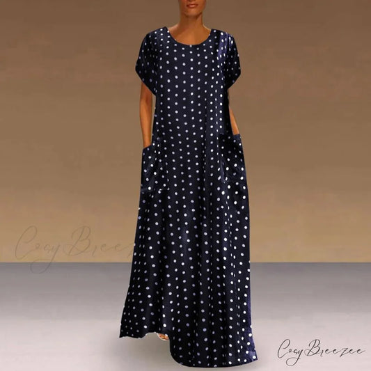 2024 Women Autumn Winter Vintage Printed Midi Casual O-Neck Long Sleeve Pockets Boho Streetwear Tops Dress Dark Blue / S