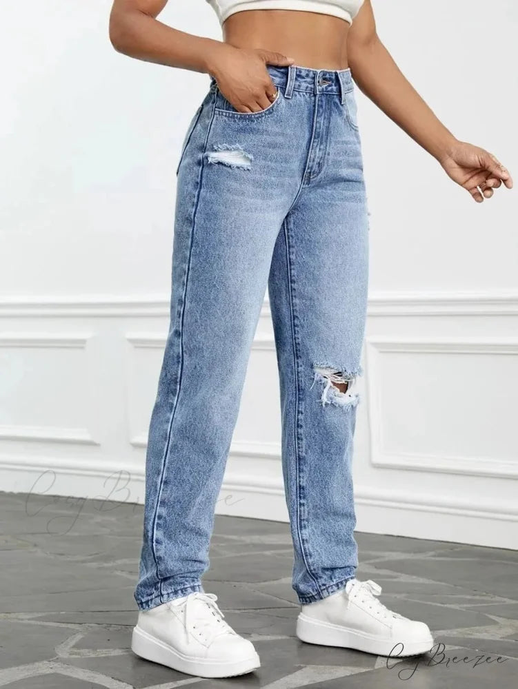 2024 Women Casual Fashion High Streetwear Ripped Holes Denim Pants Female Vintage Trousers Jean