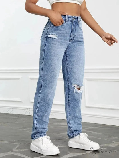 2024 Women Casual Fashion High Streetwear Ripped Holes Denim Pants Female Vintage Trousers Jean