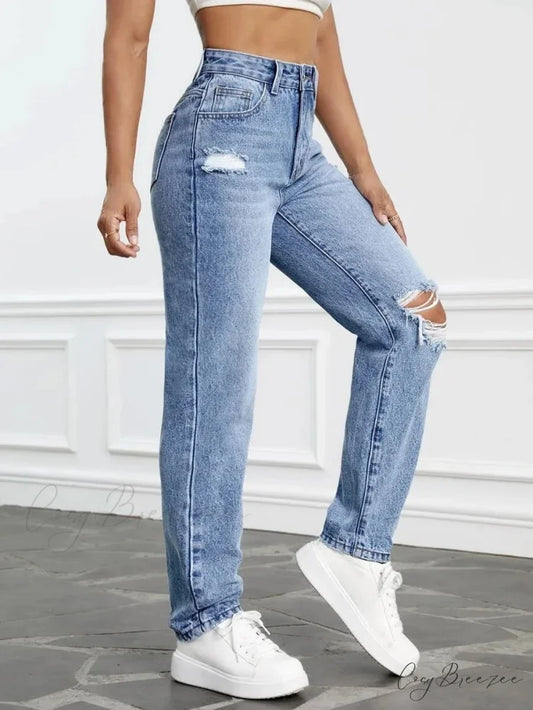 2024 Women Casual Fashion High Streetwear Ripped Holes Denim Pants Female Vintage Trousers Jean Blue / S
