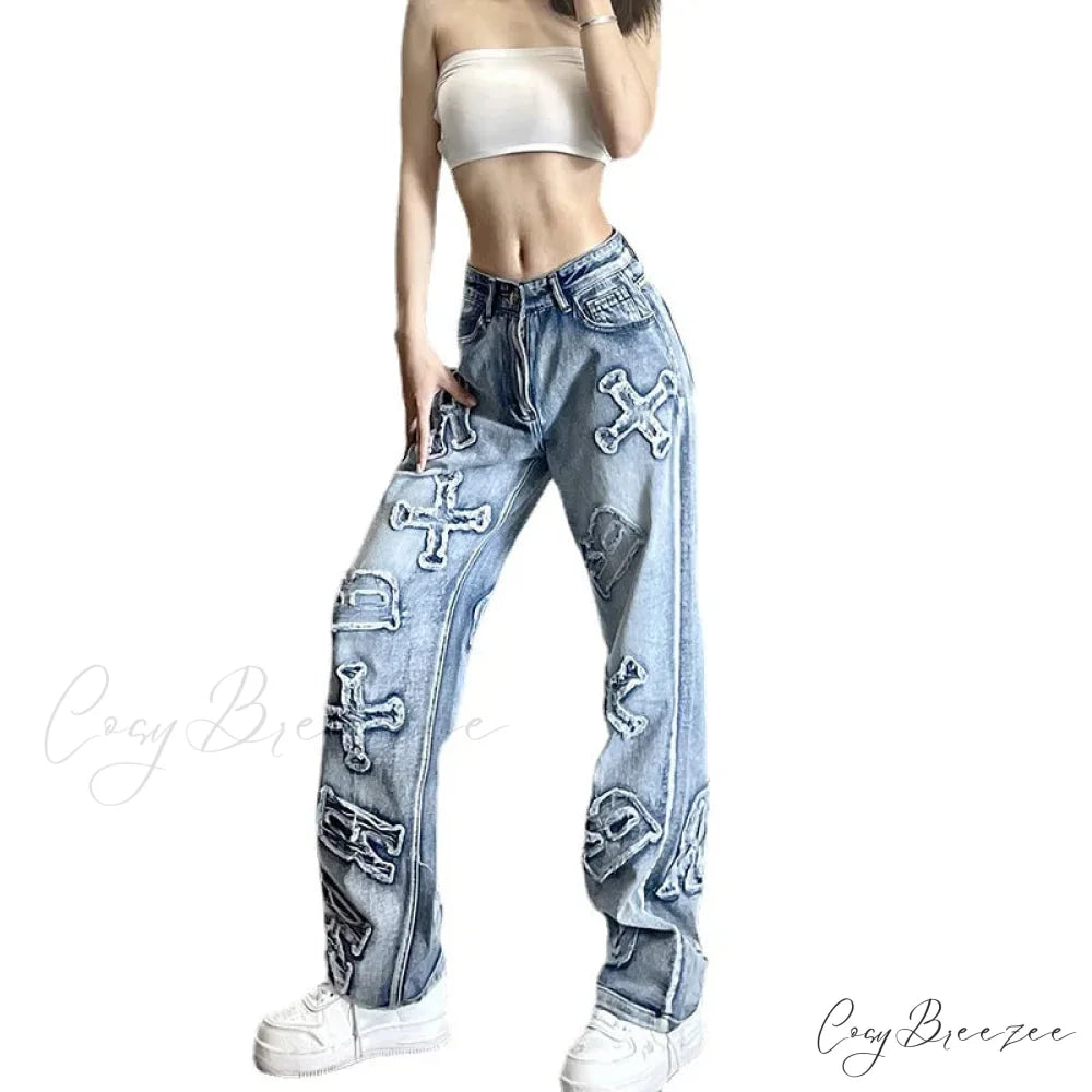 2024 Women Letter Patch Wide Leg Blue High Waist Personality Baggy Streetwear Y2K Fashion Cotton Denim Jean