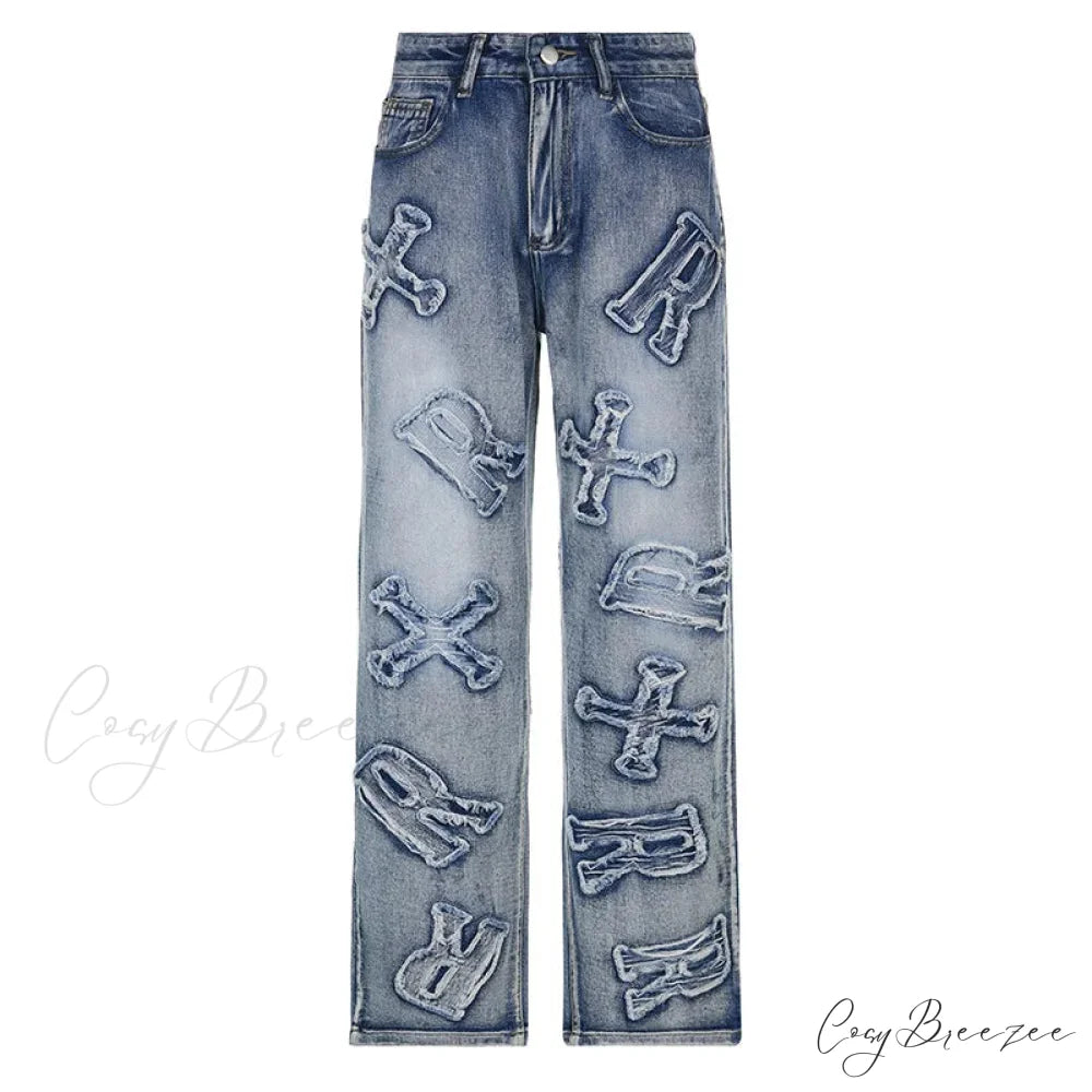 2024 Women Letter Patch Wide Leg Blue High Waist Personality Baggy Streetwear Y2K Fashion Cotton Denim Jean Blue / S