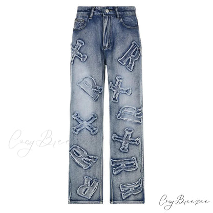 2024 Women Letter Patch Wide Leg Blue High Waist Personality Baggy Streetwear Y2K Fashion Cotton Denim Jean Blue / S