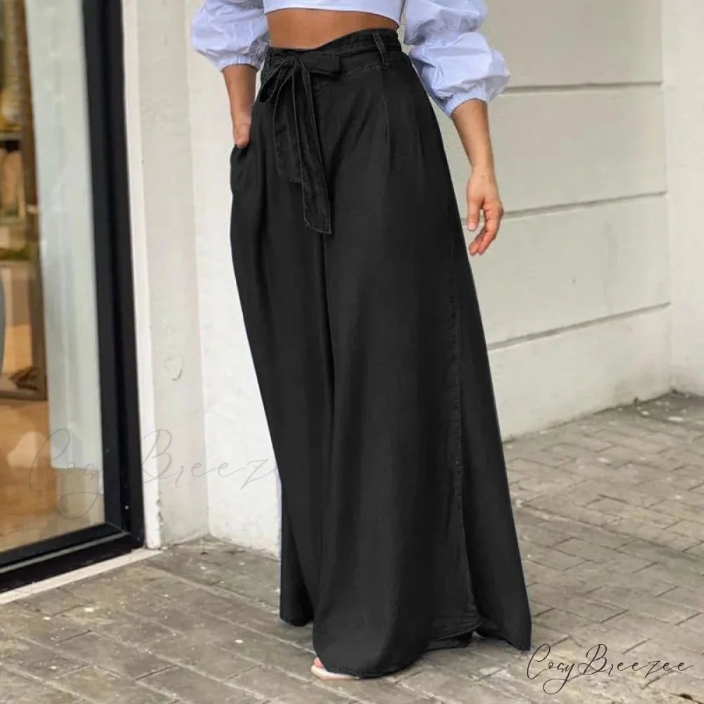 2024 Women Long High Waist Fashion Belted Casual Loose Solid Streetwear Skirt Jean Black / S