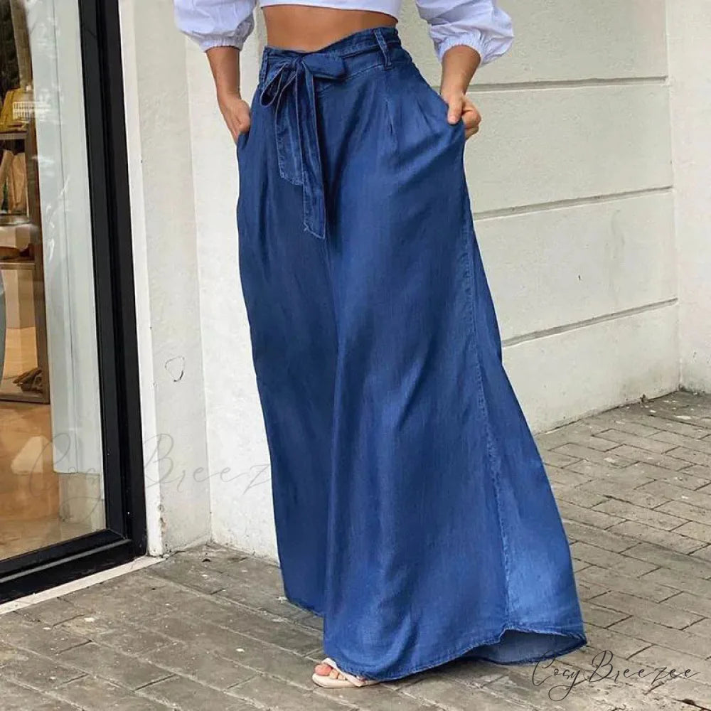 2024 Women Long High Waist Fashion Belted Casual Loose Solid Streetwear Skirt Jean Dark Blue / S