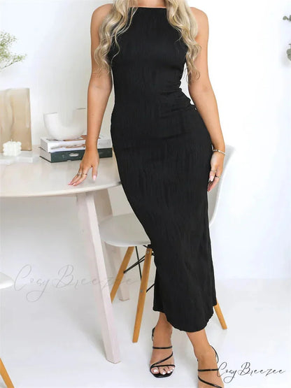 2024 Women Long Ruched Sleeveless Slim Solid Summer Party Back Split Clubwear Female Maxi Dress Black / S