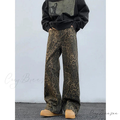 2024 Y2K Leopard Print Wide Leg Women High Waisted Fashion Streetwear Retro Denim Baggy Casual Straight Jean Leopard / S