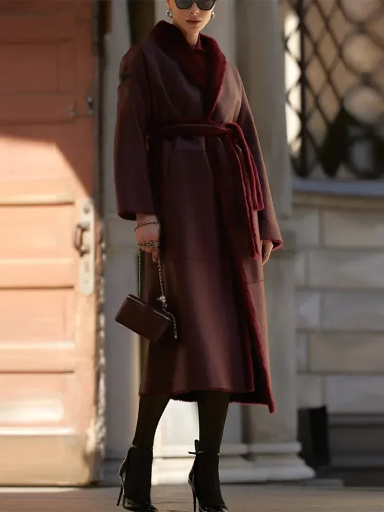 Dark Red Sheepskin Belted Coat