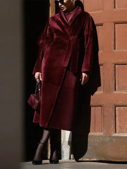 Dark Red Sheepskin Belted Coat