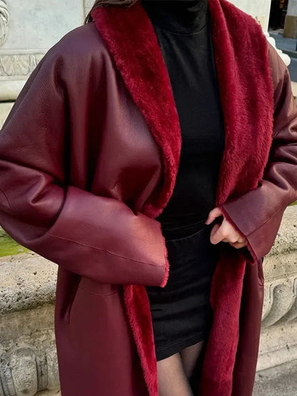 Dark Red Sheepskin Belted Coat