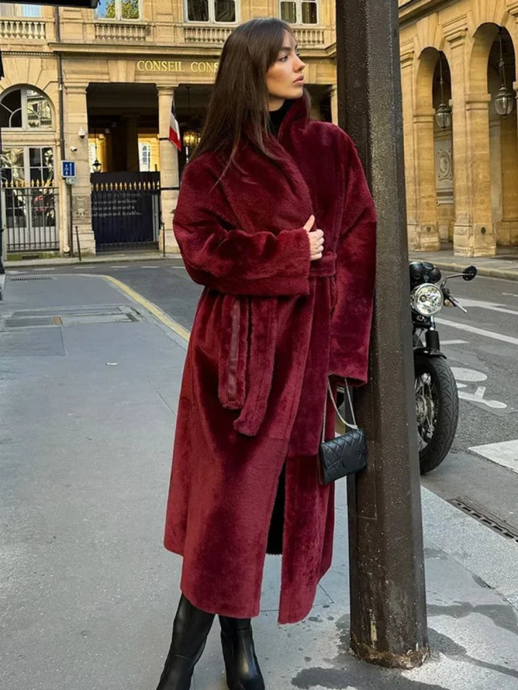 Dark Red Sheepskin Belted Coat