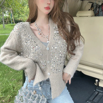 V-neck Gray Sequin Knit Short Cardigan