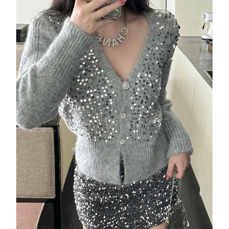 V-neck Gray Sequin Knit Short Cardigan