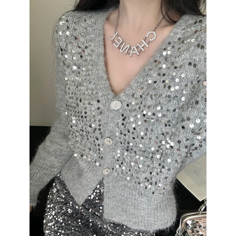 V-neck Gray Sequin Knit Short Cardigan