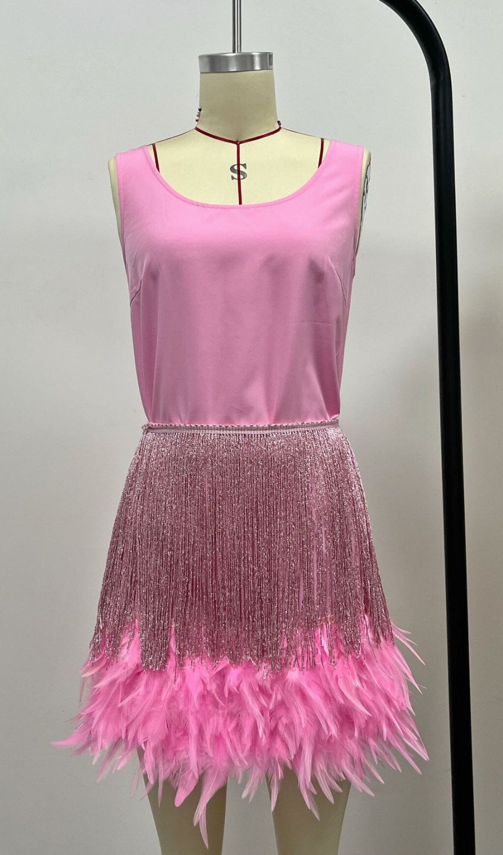 Shiny Fringe Feather Mini Dress in Pink