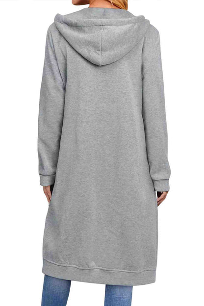 Zip Up Hooded Long Drawstring Cardigan