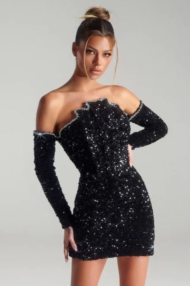 Black Off Stylish Shoulder Diamonds Dress