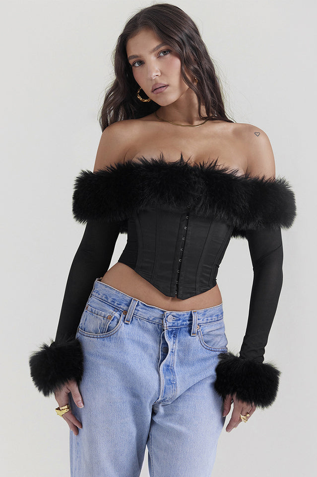 Black Faux Stylish Fur Trimmed Bustier