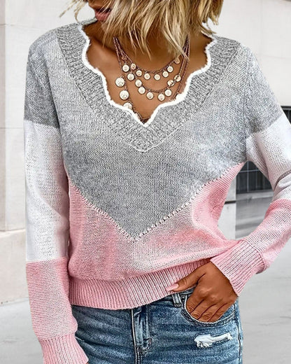 Block V Neck Color Pullover