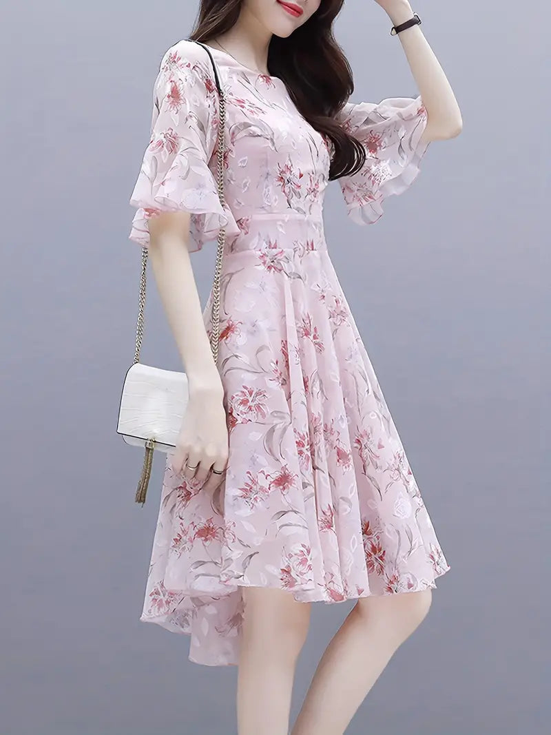 Airy Floral Print Chiffon Dress with Ruffle Trim Sleeves