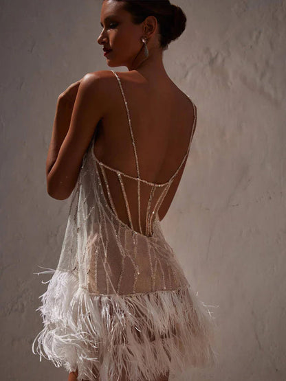 Backless Sequin Fringe Layered Mesh Party Dress
