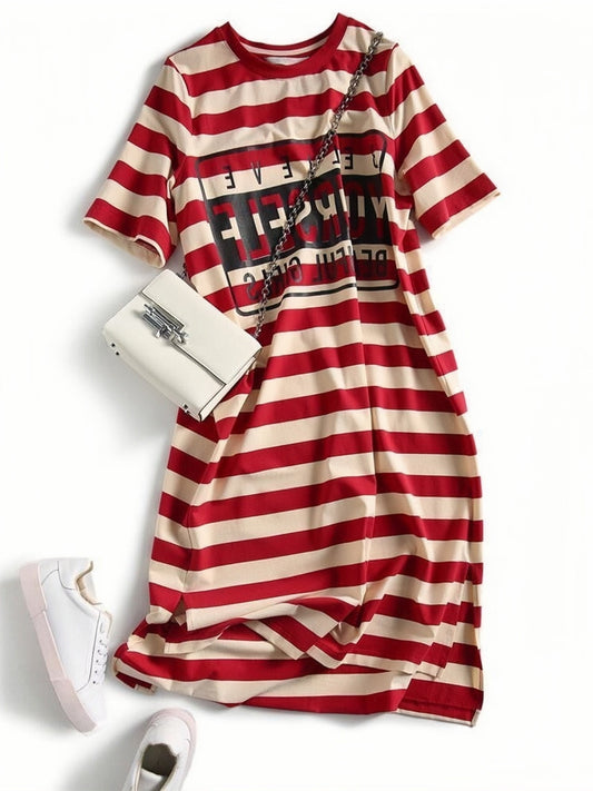 Striped Letter Print Long Shirt Dress