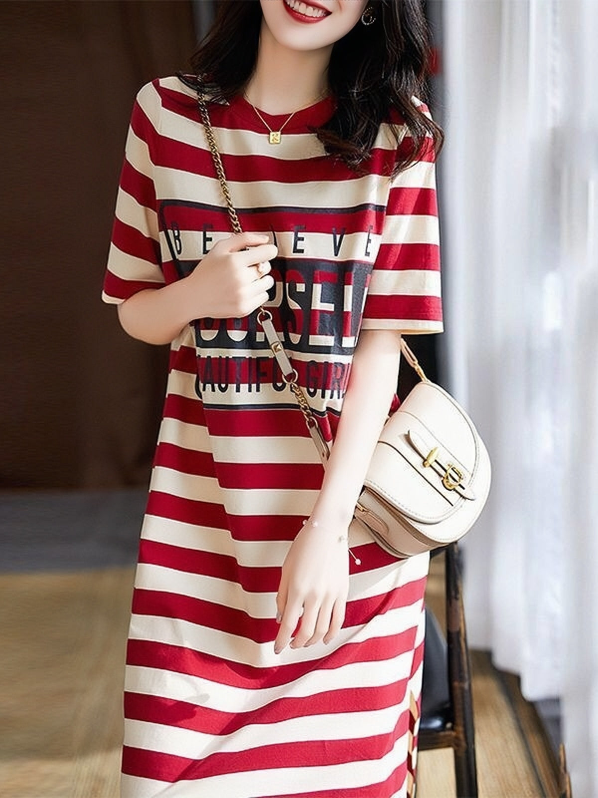 Striped Letter Print Long Shirt Dress