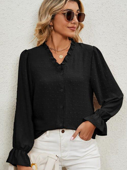 with Arm Blouse V-Neck Flounce Button Up