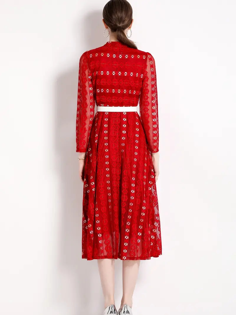 Red Lace Embroidered Mock Neck Long Sleeve Dress with Button Detail